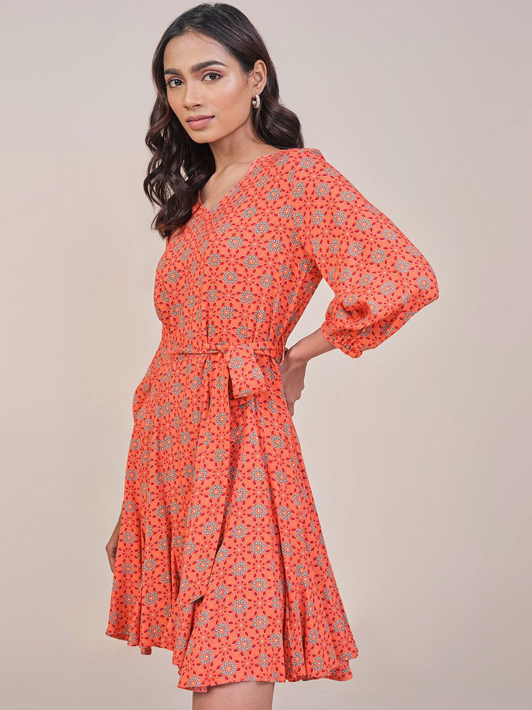 Global Desi  Women Orange Printed A-Line Long Puff Sleeves V Neck Ethnic Dresses