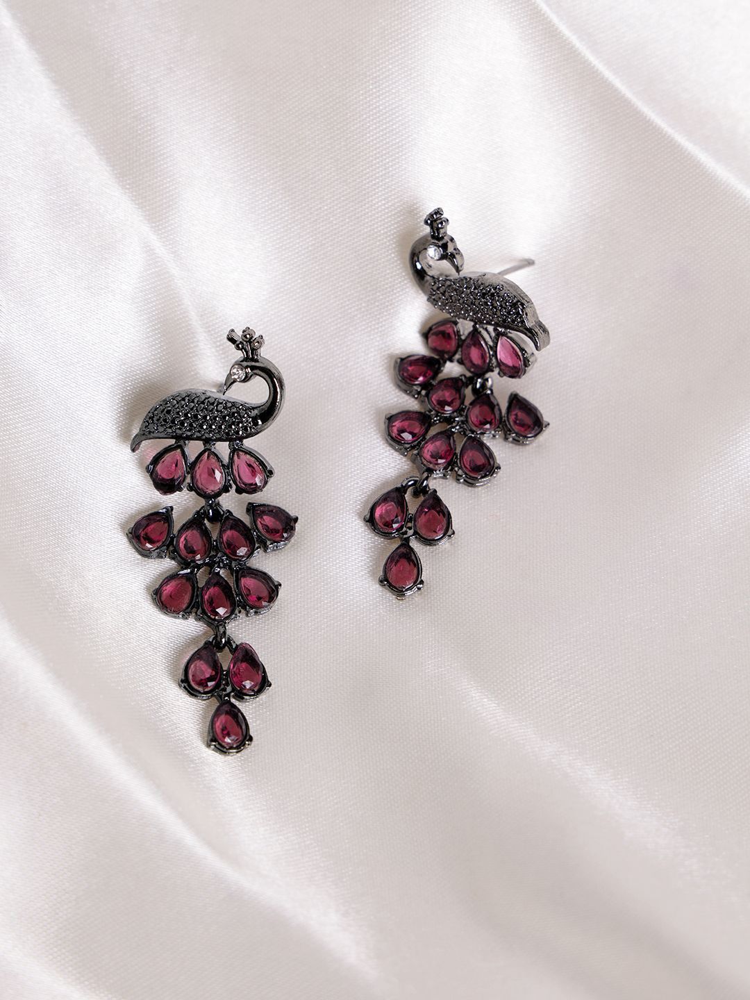 PANASH Silver-Plated Cubic Zirconia Studded Peacock Shaped Drop Earrings