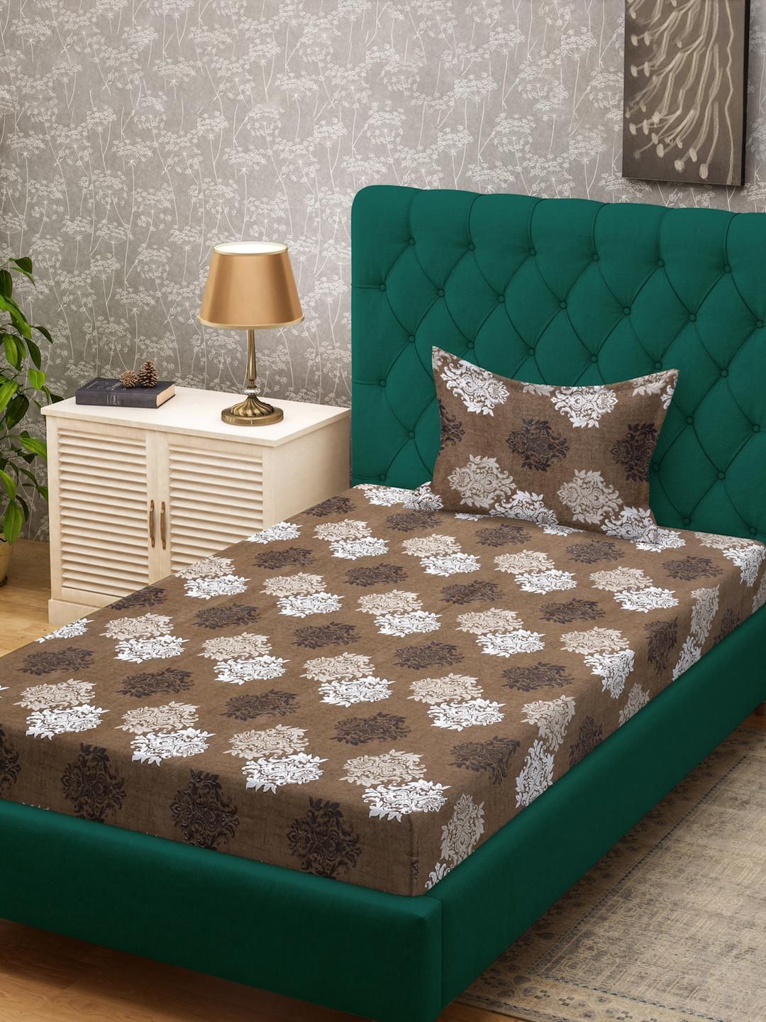 KLOTTHE Brown Floral Cotton Single Bedsheets