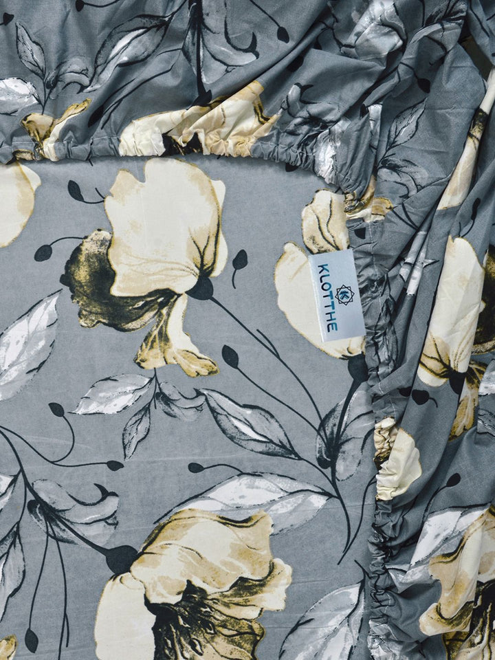 KLOTTHE Grey Floral Printed Dilengkapi 300 TC King Double Bedsheet Dengan 2 Sarung Bantal