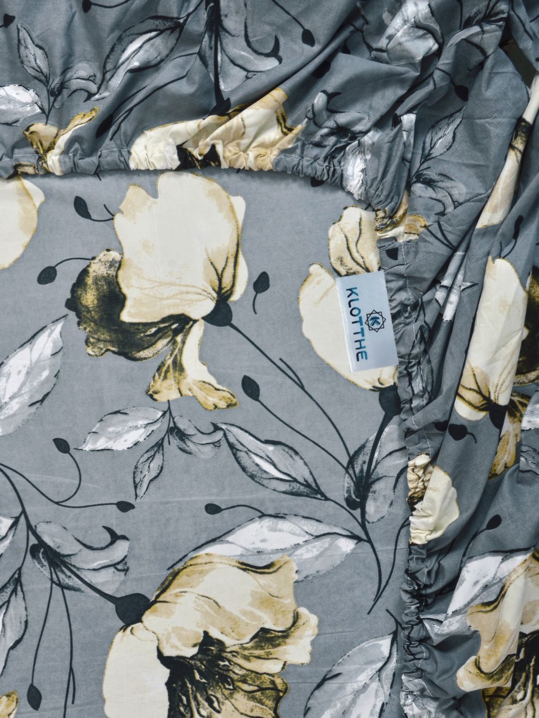 KLOTTHE Grey Floral Printed Dilengkapi 300 TC King Double Bedsheet Dengan 2 Sarung Bantal