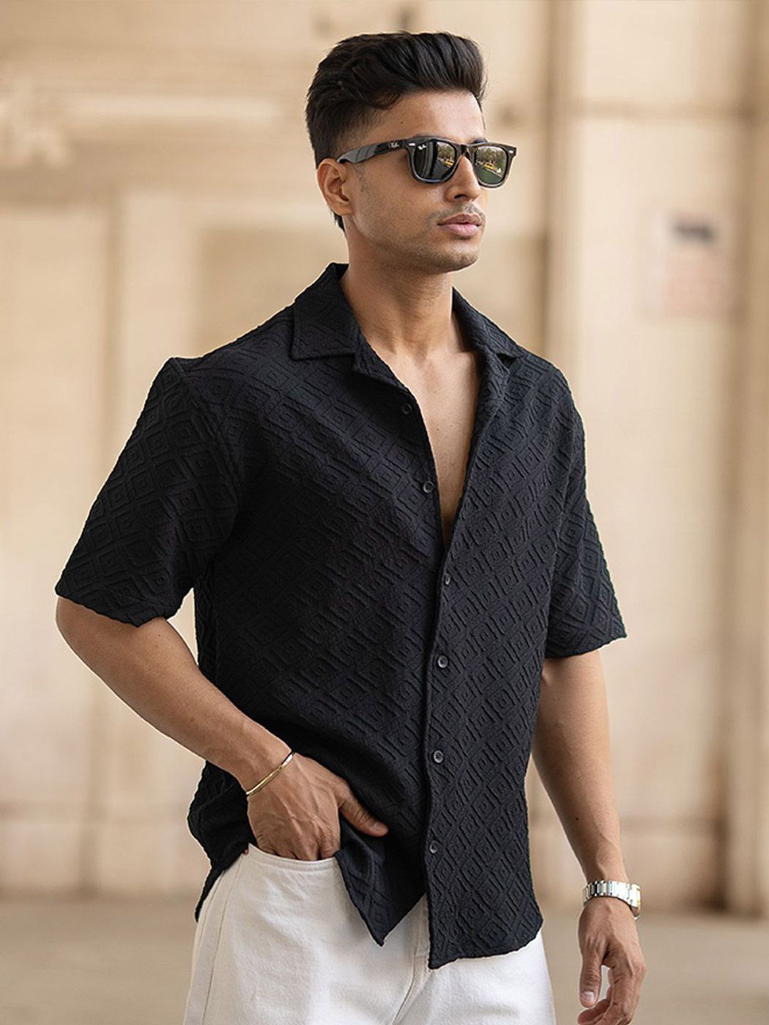 Powerlook Men Oversized Fit Cuban Collar Textured Casual Shirt