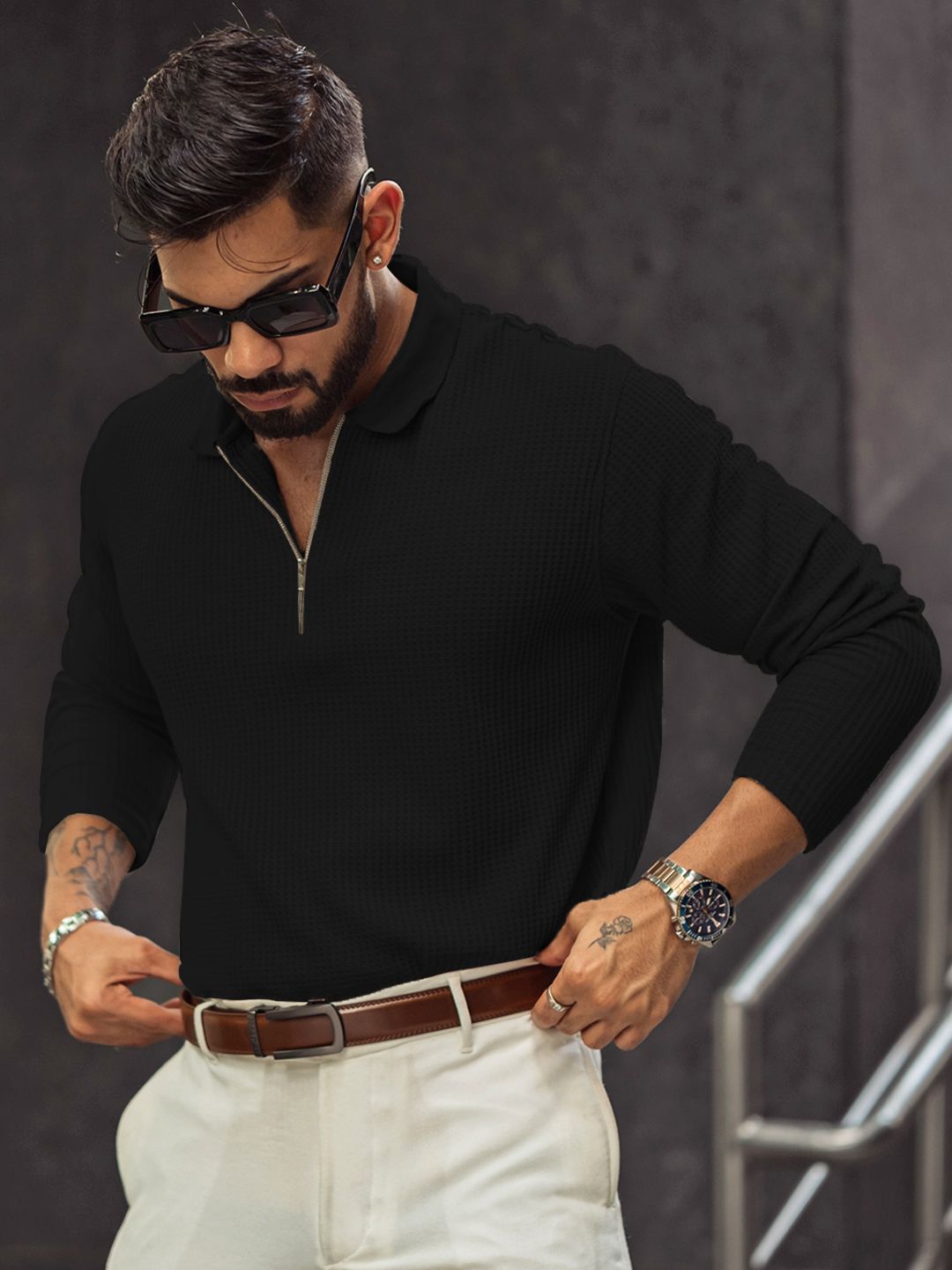 Powerlook Men Self Design Polo Collar Cotton T-shirt