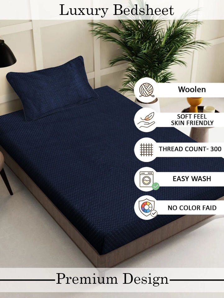 Myntra Elegant Homes Navy Blue Woolen 300 TC Single Bedsheet Set-225X150 cm