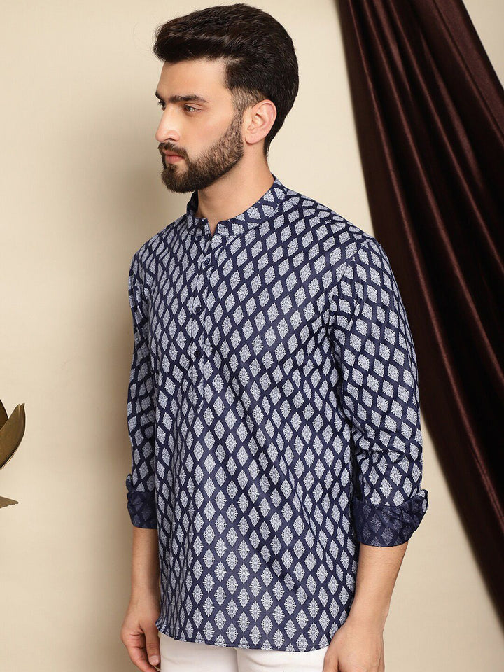 Anouk Navy Blue Ethnic Motifs Printed Band Collar Short Kurta