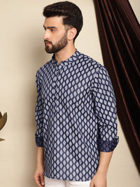 Anouk Navy Blue Ethnic Motifs Printed Band Collar Short Kurta