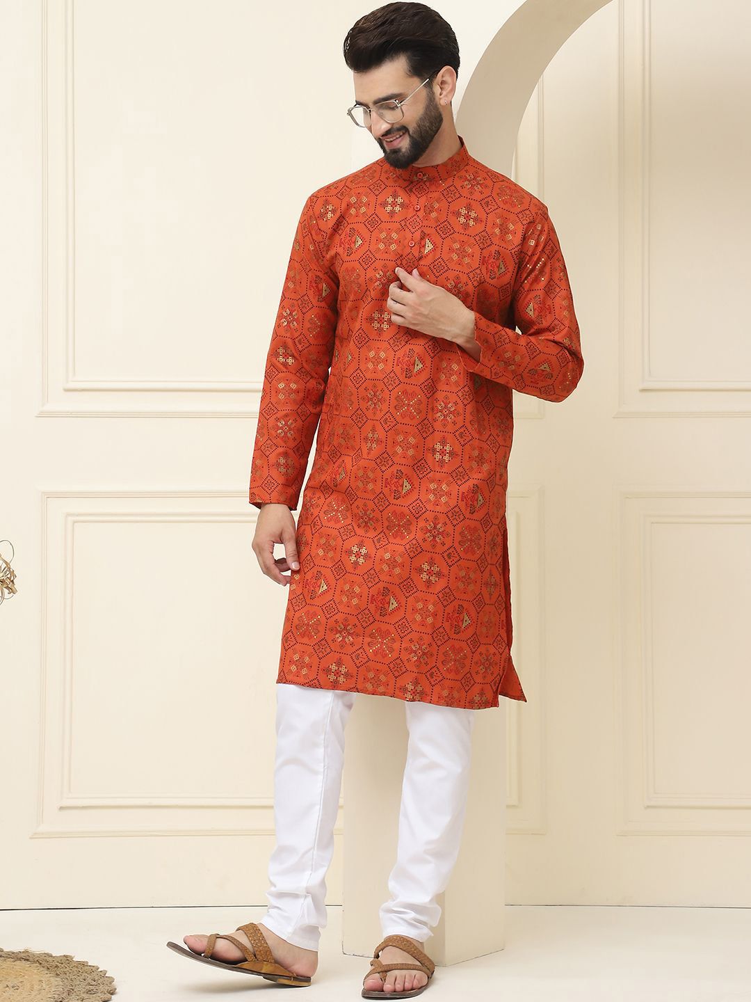 SOJANYA Motif Etnik Bercetak Kolar Mandarin Linen Linen Kurta Lurus dengan Piyama