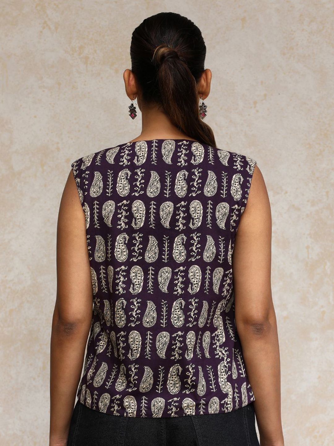 Varanga Women Paisley Printed Cotton Open Vest Top
