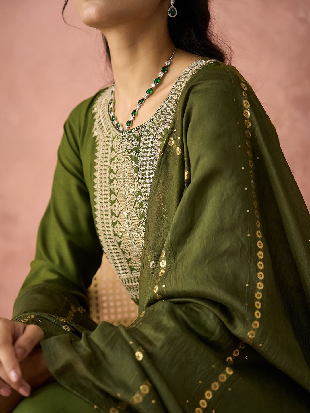 KALINI Ethnic Motifs Embroidered Straight Kurta With Trousers & Dupatta