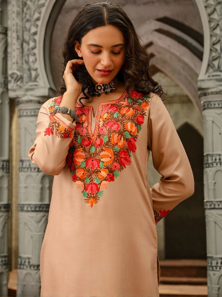 House of Chikankari Women Beige Woollen Aari Embroidered Kurta Set