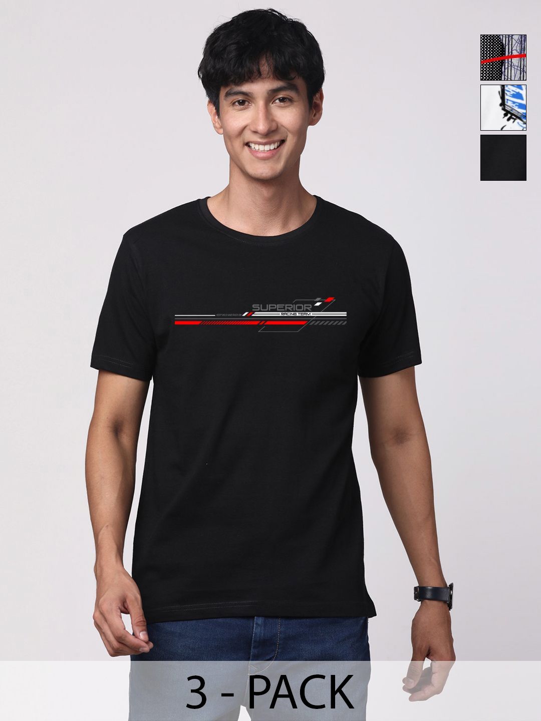 Pek ADRO Lelaki dengan 3 T-shirt Kapas Leher Bulat Bercetak Grafik