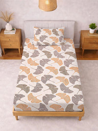 KLOTTHE Beige & Orange Floral 300 TC Single Bedsheet with 1 Pillow Covers