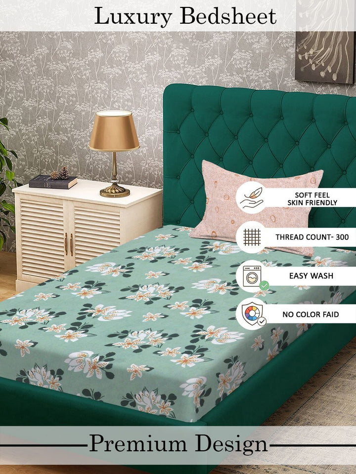 Myntra Elegant Homes Green & White Floral 300 TC Cadar Tempat Tidur Single dengan 1 Sarung Bantal