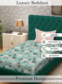 Myntra Elegant Homes Green & White Floral 300 TC Cadar Tempat Tidur Single dengan 1 Sarung Bantal
