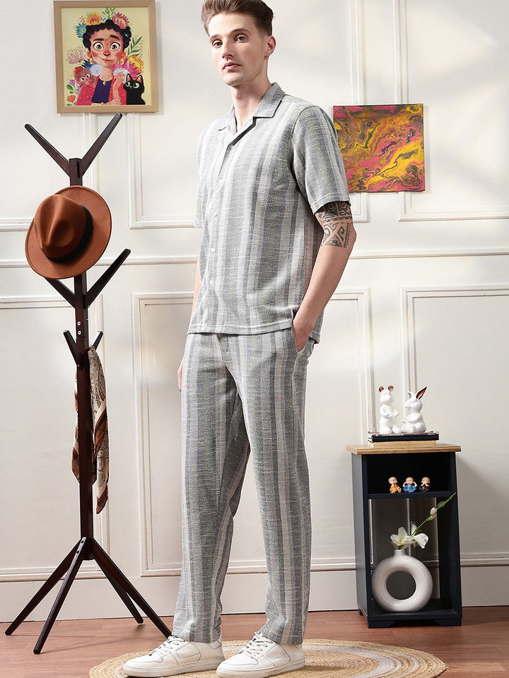 Eszett Striped Jacquard Spread Collar Pure Cotton Shirt With Trousers Co-Ord Set