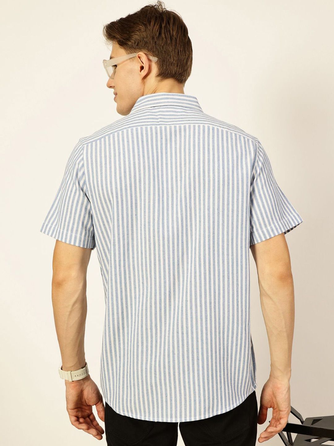 Thomas Scott Men Classic Spread Collar Vertical Striped Cotton Slim Fit Casual Shirt