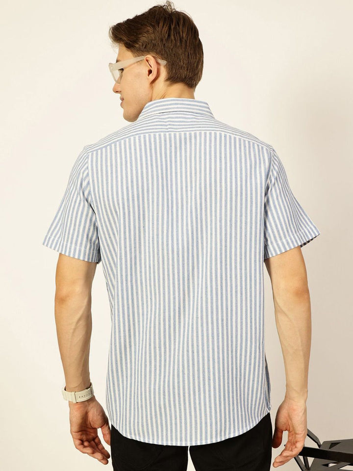 Thomas Scott Men Classic Spread Collar Vertical Striped Cotton Slim Fit Casual Shirt
