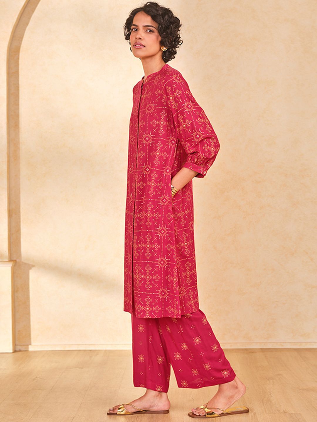 Global Desi Bandhani Printed Mandarin Collar Straight Kurta with Palazzo