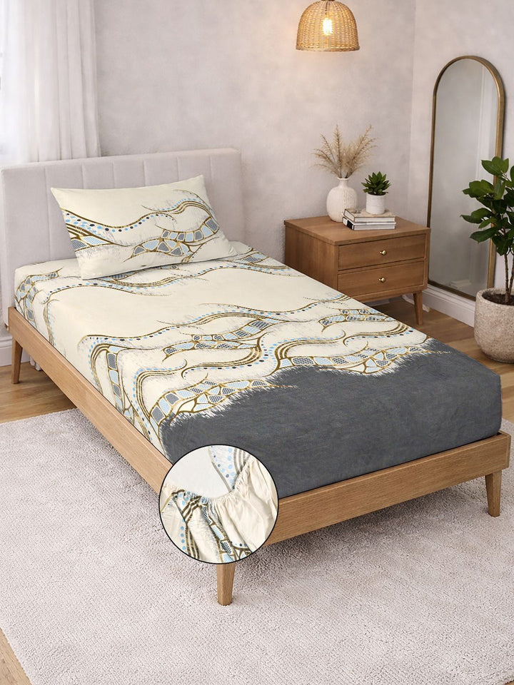 KLOTTHE Cream Abstract Printed 300 TC Single  Bedsheets