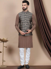 Anouk Embroidered Sequinned Pure Cotton Straight Kurta With Churidar & Nehru Jacket
