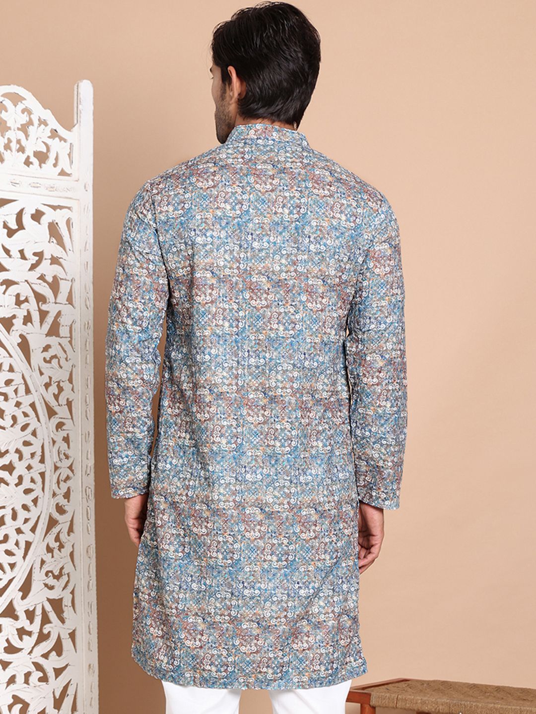 Jompers Men Floral Printed Chikankari Floral Kurta