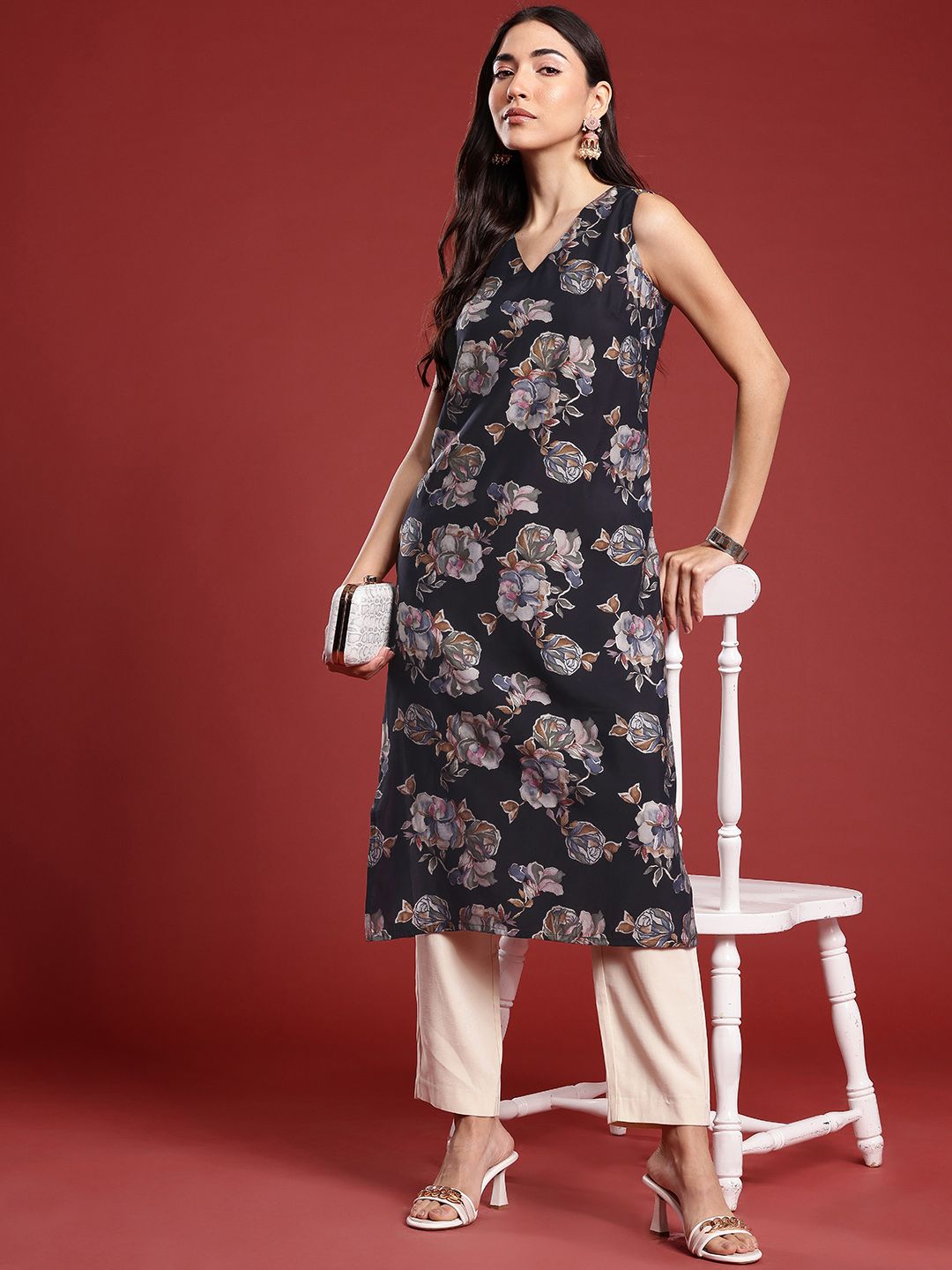 Anouk Floral Print Straight Kurta
