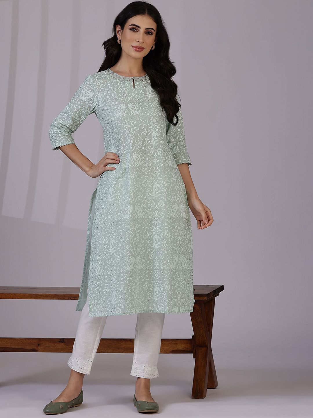 W Green Floral Printed Keyhole Neck Three-Quarter Sleeves Regular Pure Cotton Kurta