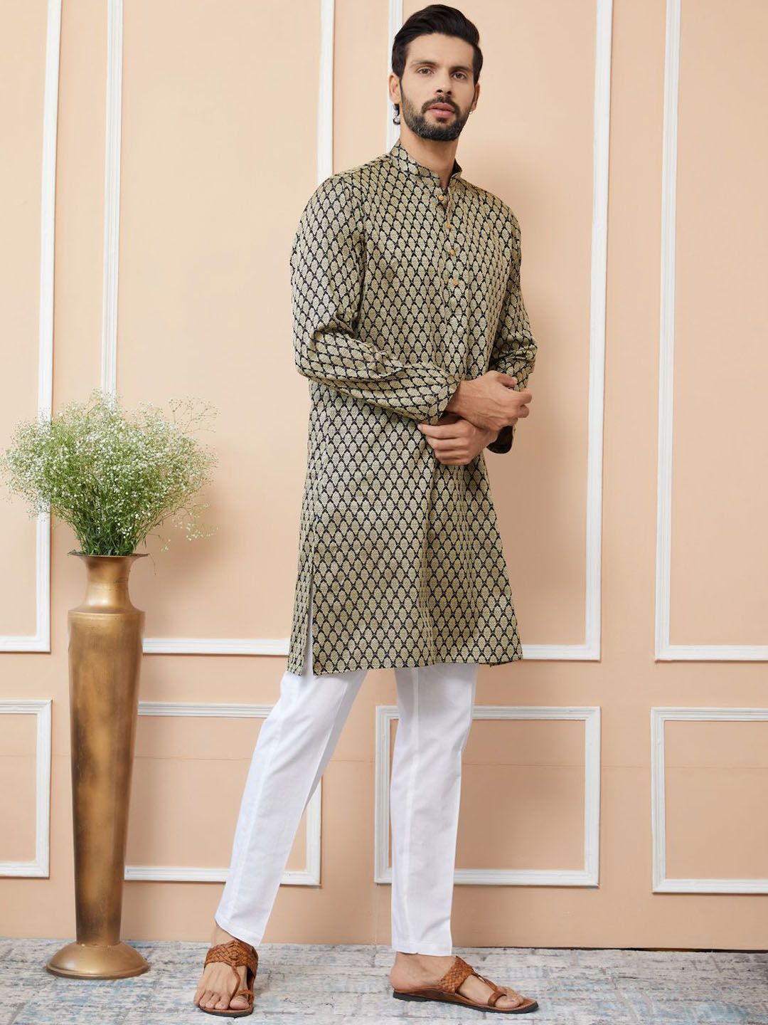 See Designs Ethnic Motifs Woven Design Long Sleeves Regular Straight Kurta & Pyjama