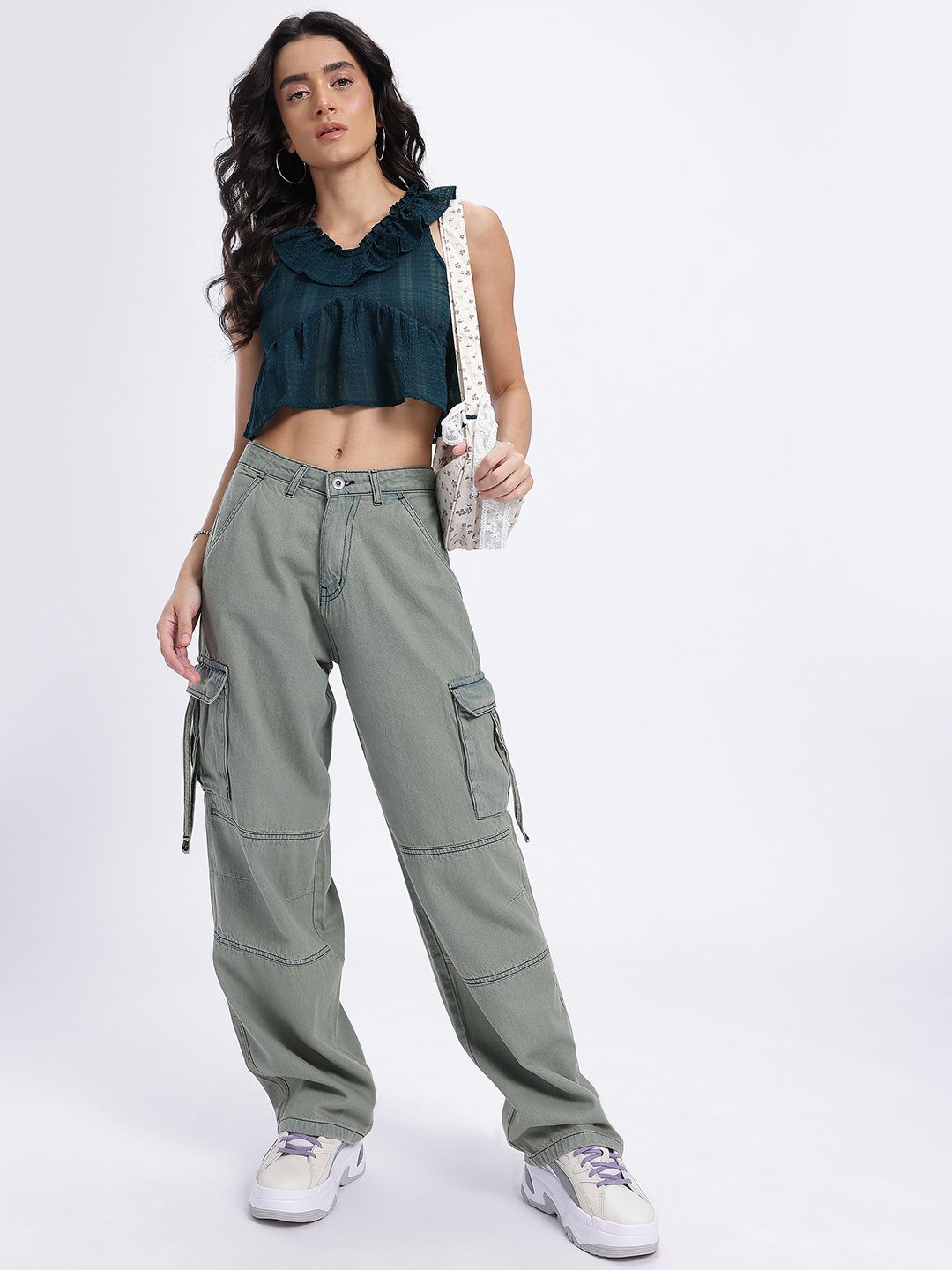 DressBerry Semi Sheer Ruffled Seersucker Empire Crop Top