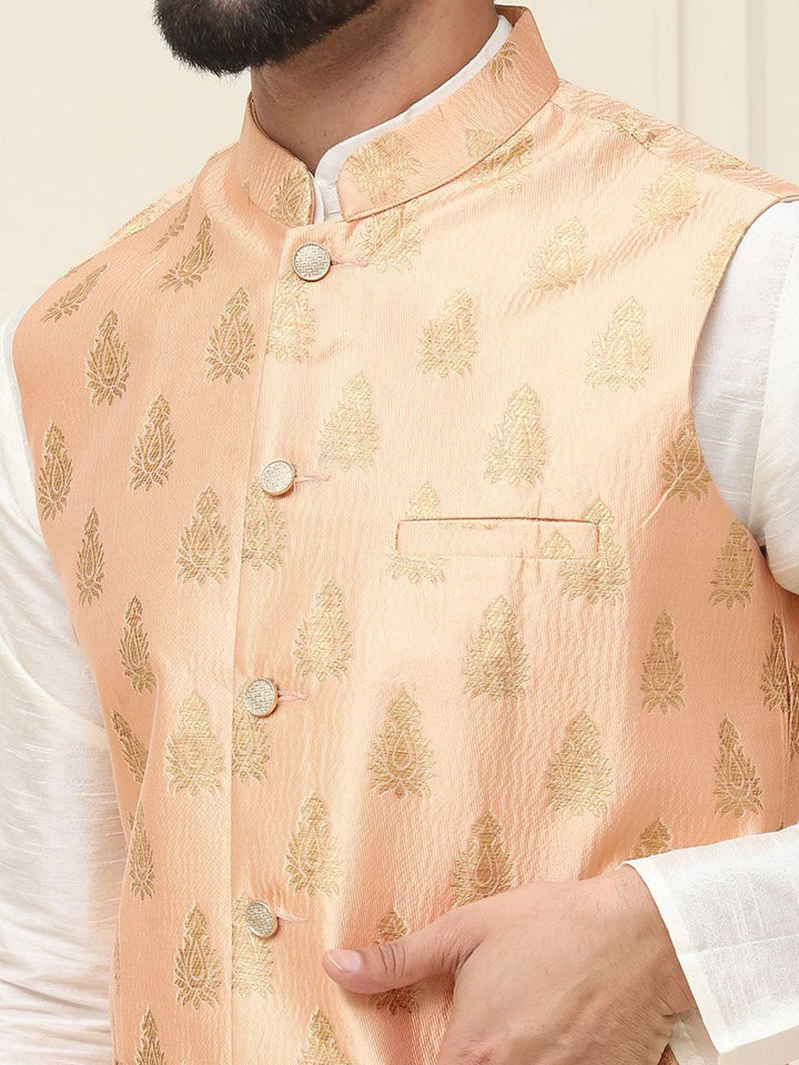 SOJANYA Mandarin Collar Silk Cotton Straight Kurta with Churidar & Nehru jacket