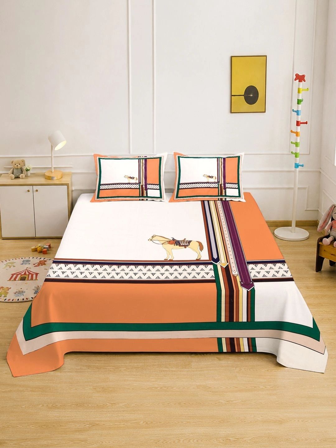 KLOTTHE Orange & Green Geometric 400 TC King Bedsheet with 2 Pillow Covers