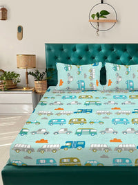 KLOTTHE Grey & Green Cartoon Flat Printed 300 TC Double King Bedsheet With 2 Pillow Cover
