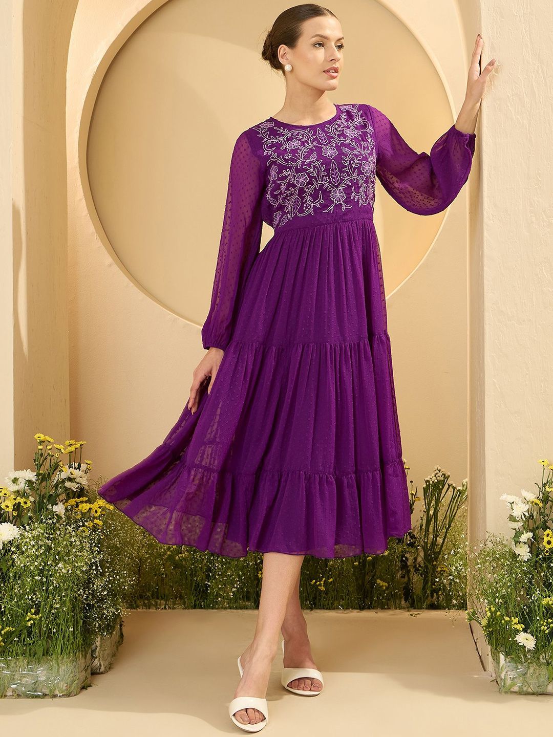 Antheaa Women Puff Sleeve Embroidered Fit and Flare Midi Dress