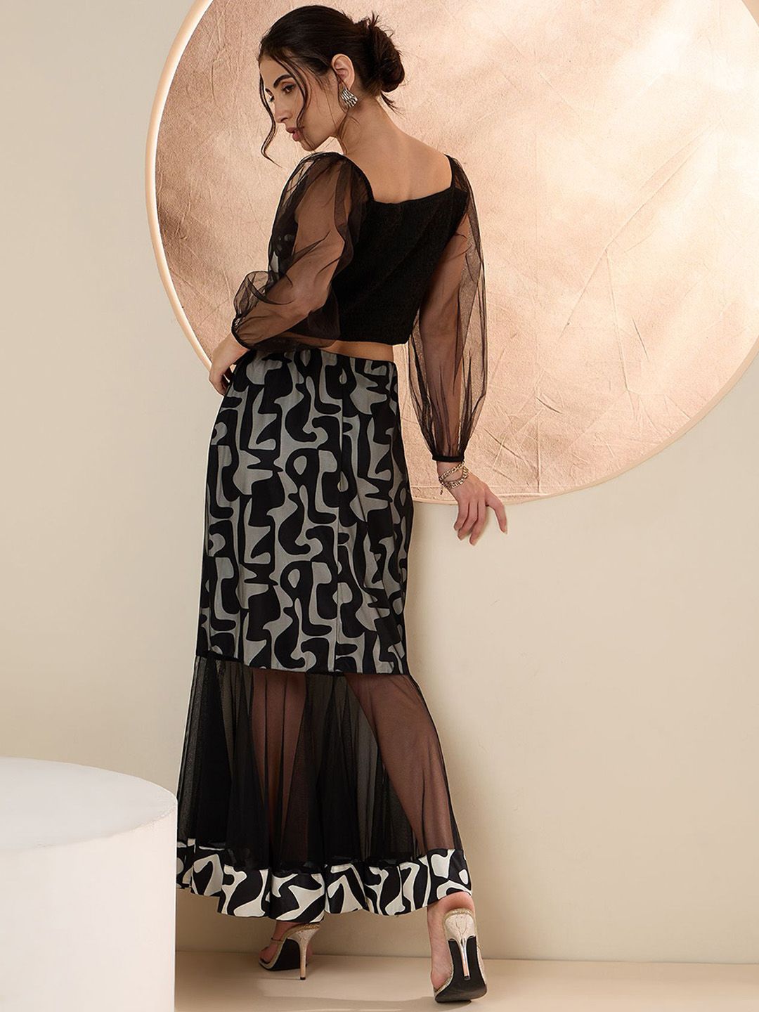 Antheaa Black & White Printed Top With Frilled Skirt