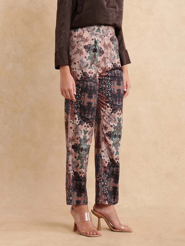 RAREISM Women Cotton Printed Comfort Straight Fit High-Rise Trousers