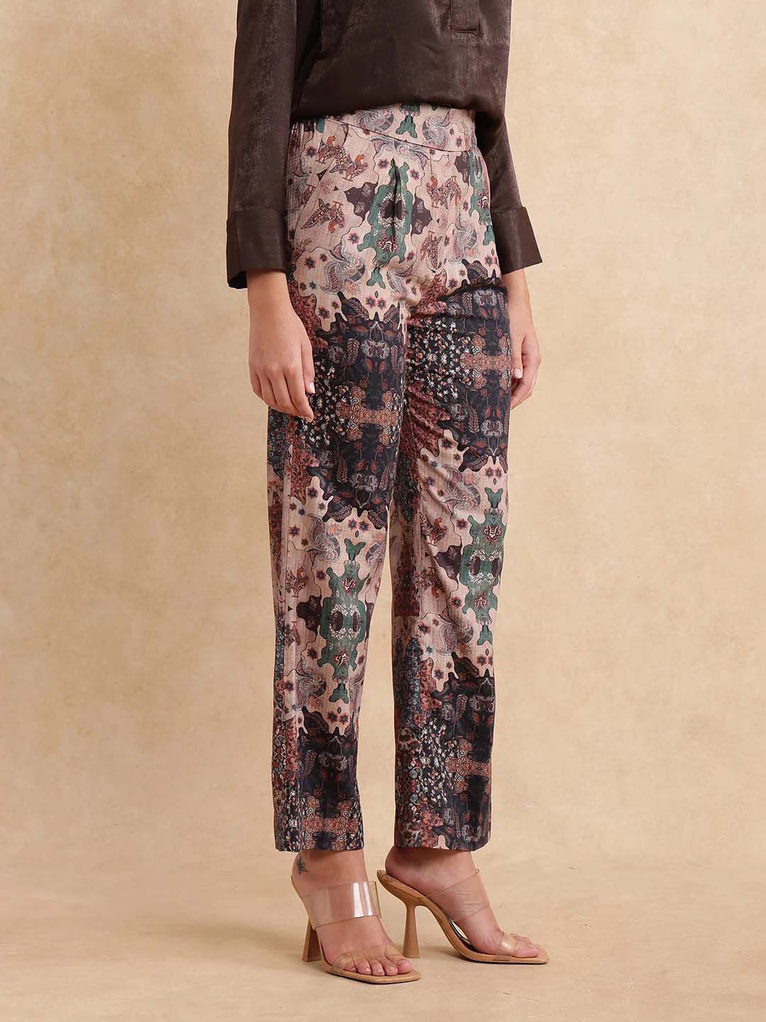 RAREISM Women Cotton Printed Comfort Straight Fit High-Rise Trousers