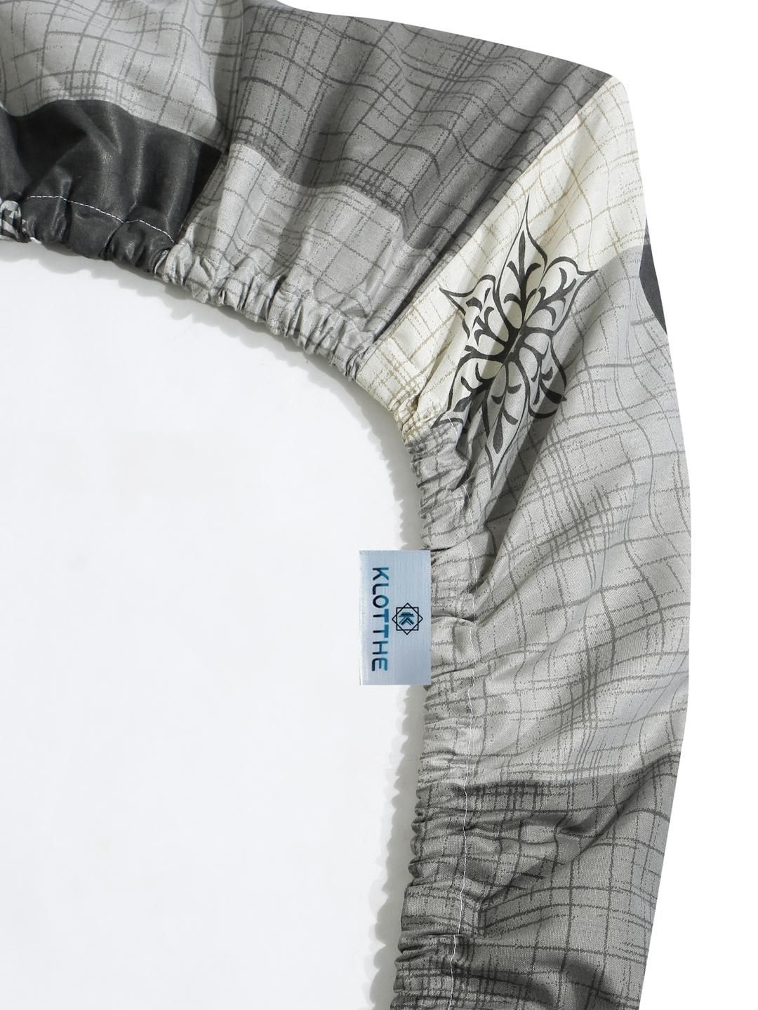KLOTTHE Grey Geometric Printed Fitted 400TC Cotton Super King Bedsheet & 2 Pillow Covers