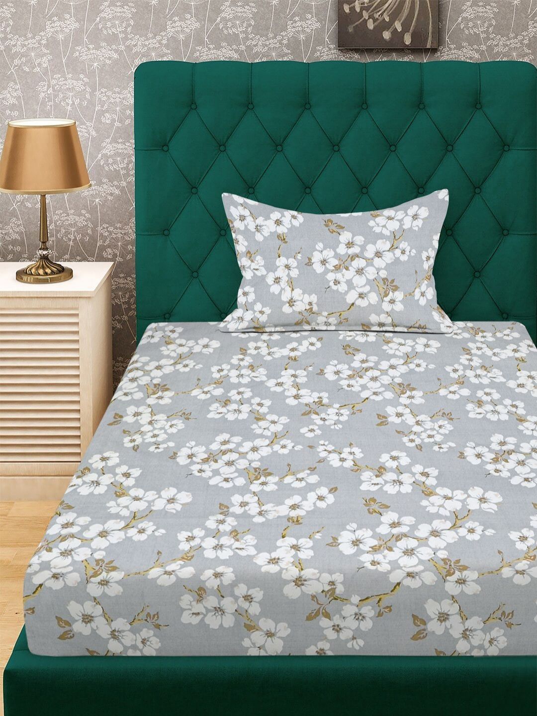 KLOTTHE Grey Floral Polycotton 300 TC Single Cadar Halus dengan Sarung Bantal-89 x 59 inci