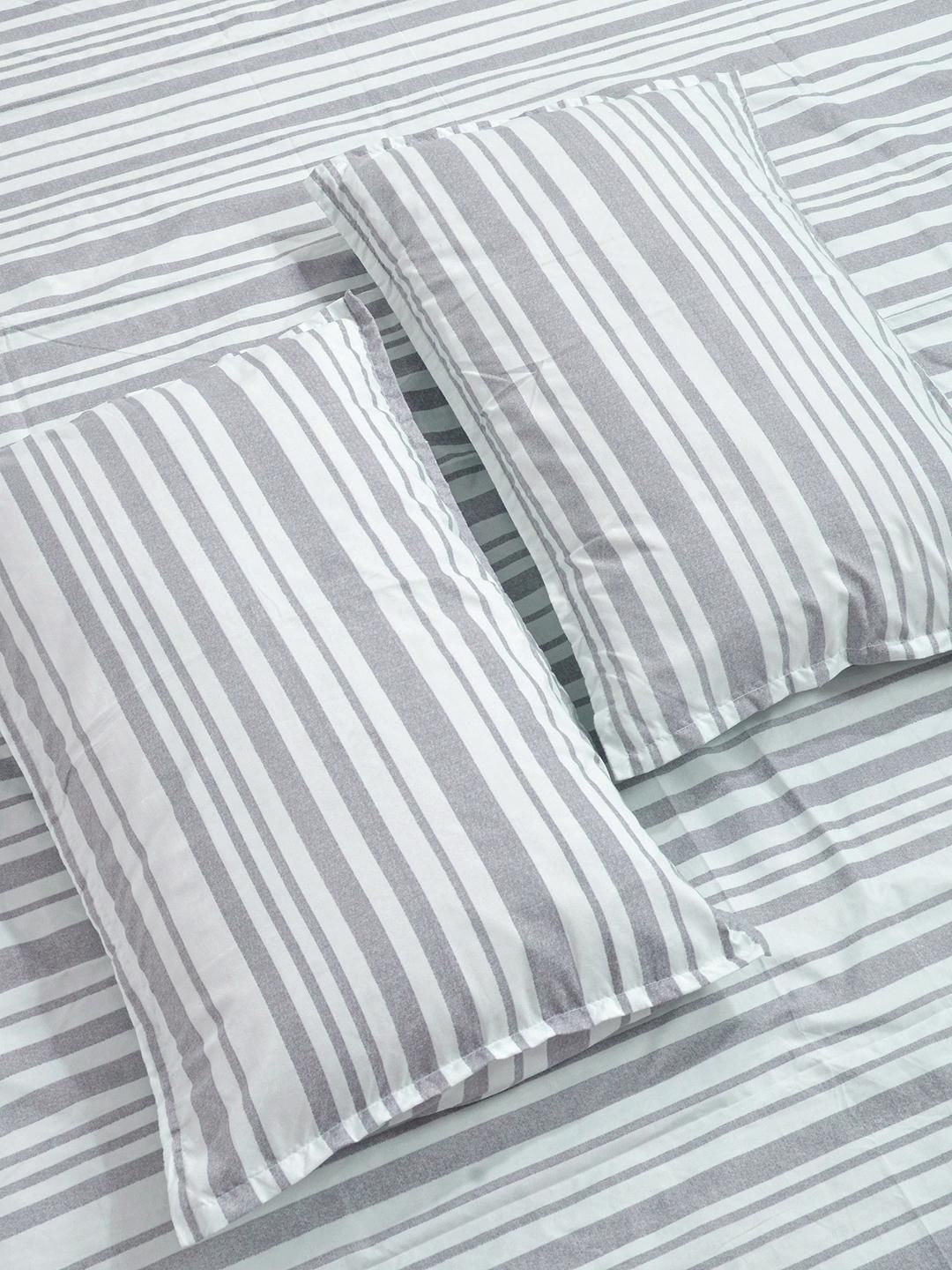 KLOTTHE Grey Striped Flat 300 GSM Polycotton Double Bedsheet With Pillow Covers