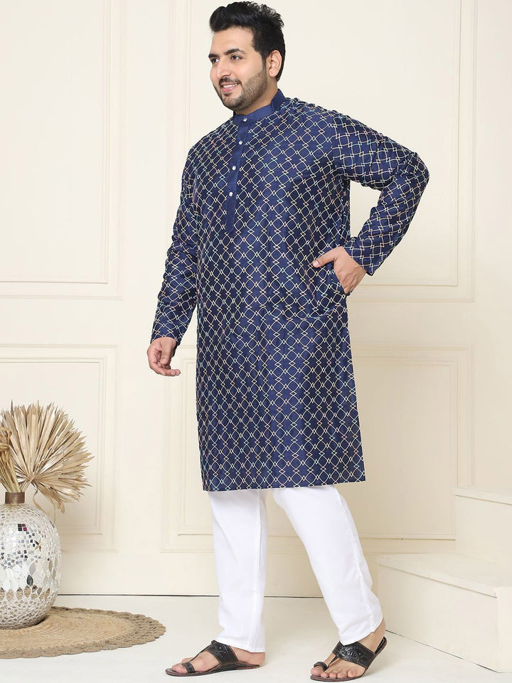 SOJANYA PLUS Geometric Embroidered Thread Work Silk Cotton Straight Kurta with Pyjamas