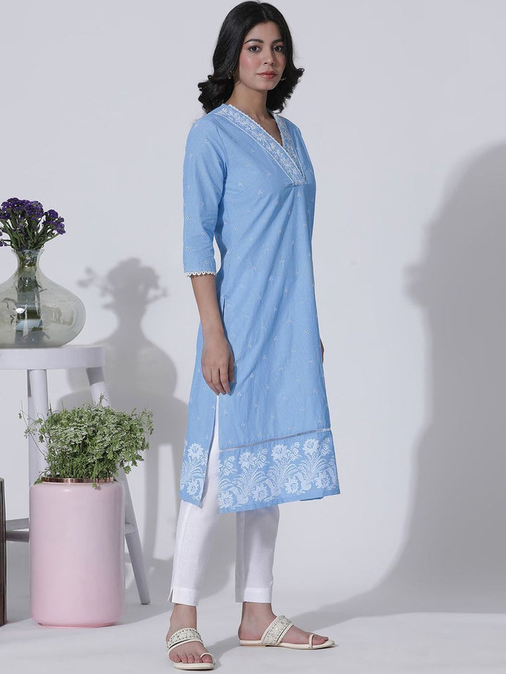 W Floral Embroidered V-Neck Cotton Straight Kurta