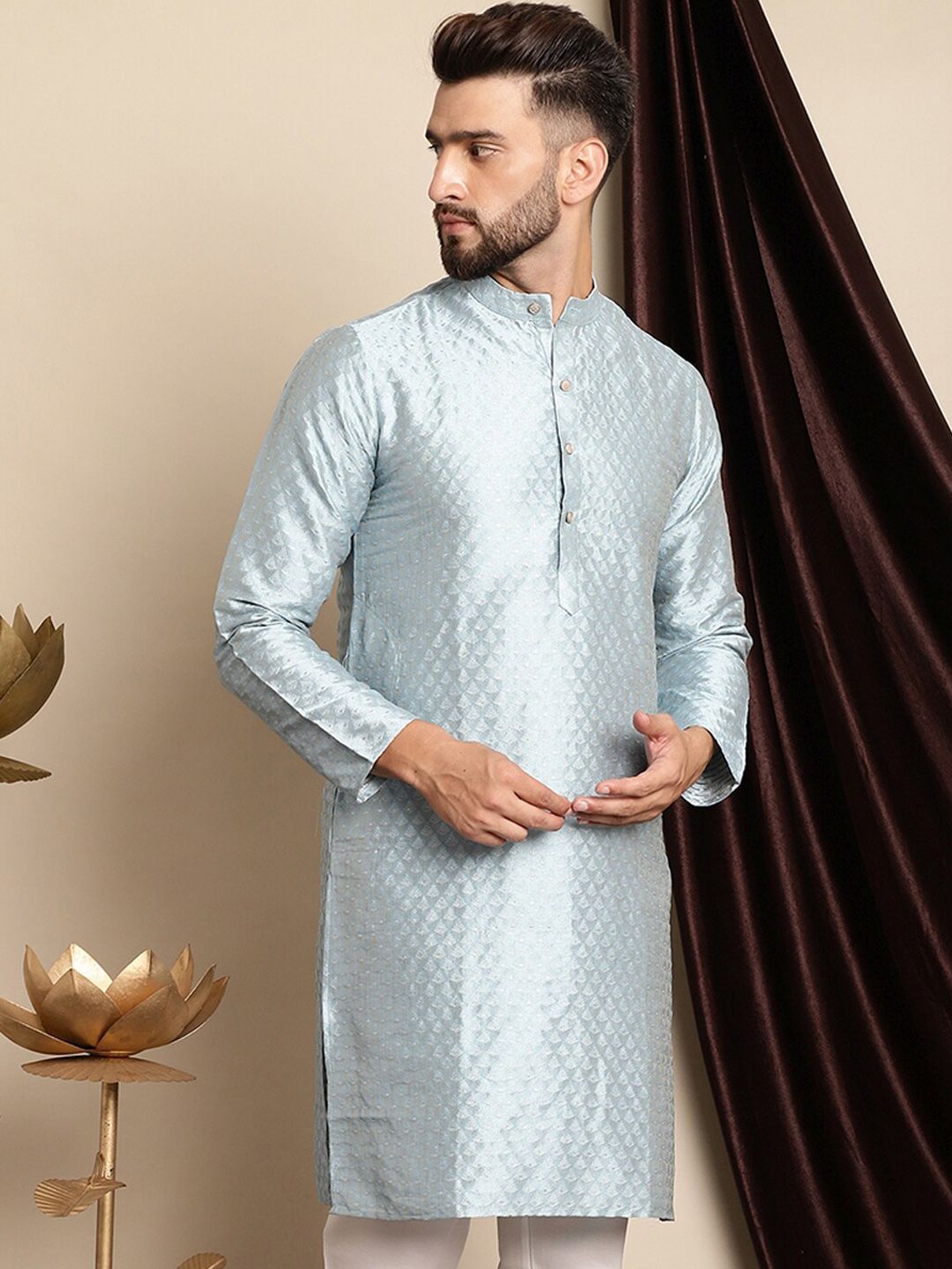 Anouk Blue Ethnic Motif Tenunan Kurta Lurus Kapas Sutera