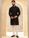 Anouk Black Mandarin Collar Floral Sulam Kurta Lurus Kapas Tulen