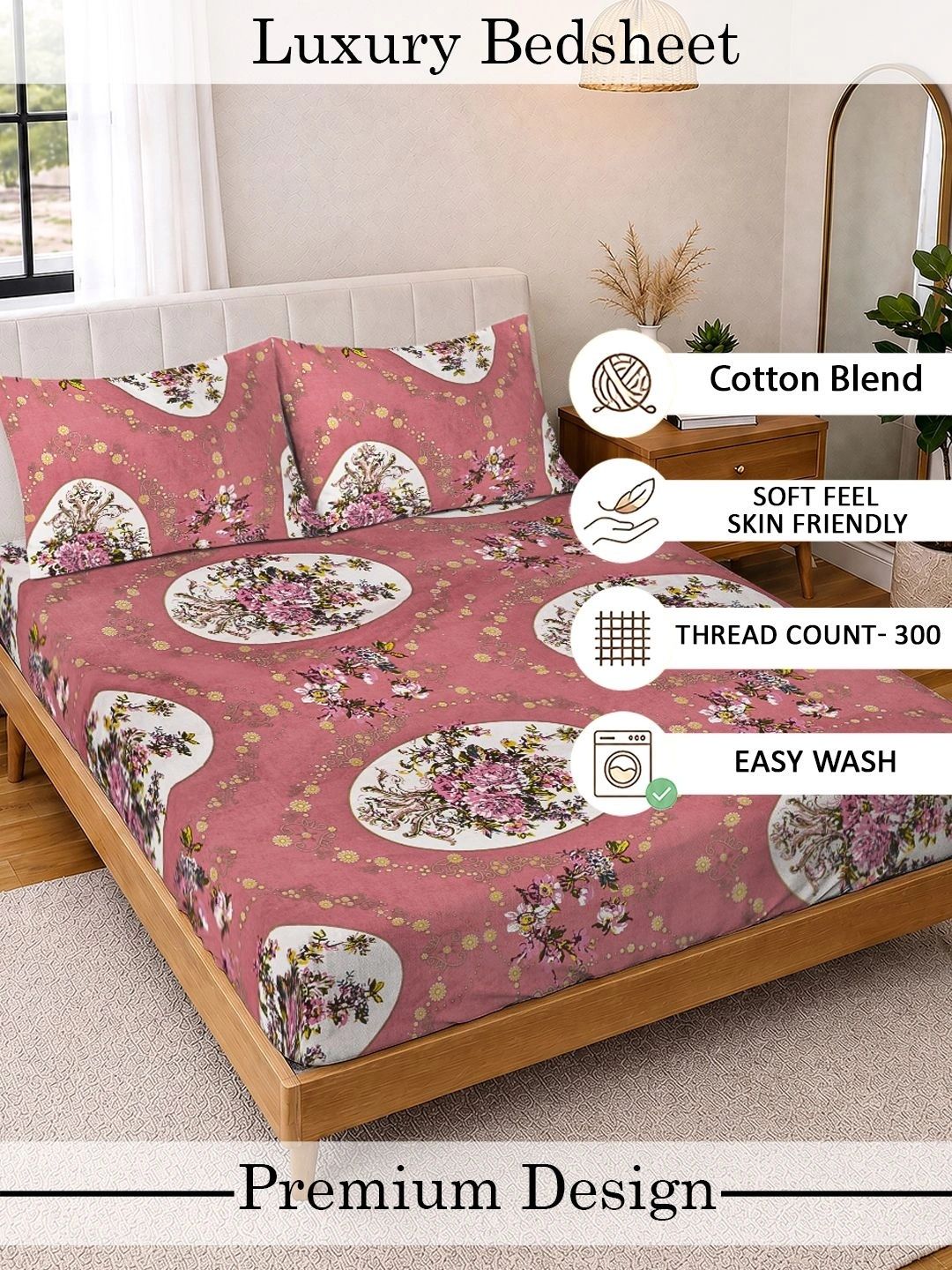 KLOTTHE Rust & Pink Floral 300 TC King Bedsheet with 2 Pillow Covers