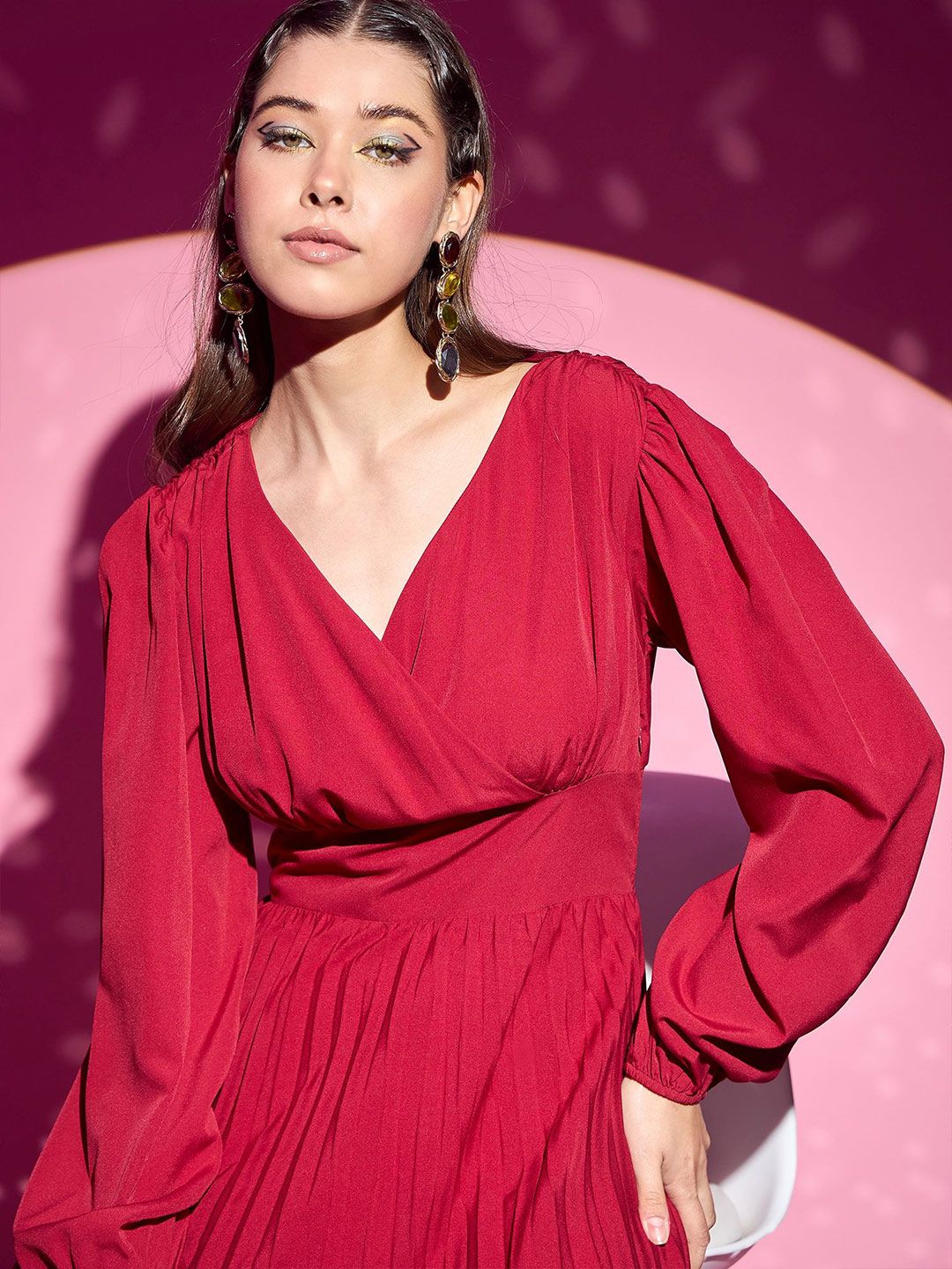 Berrylush Women Puff Sleeve A-Line Midi Dress