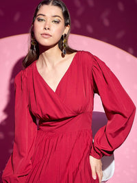 Berrylush Women Puff Sleeve A-Line Midi Dress
