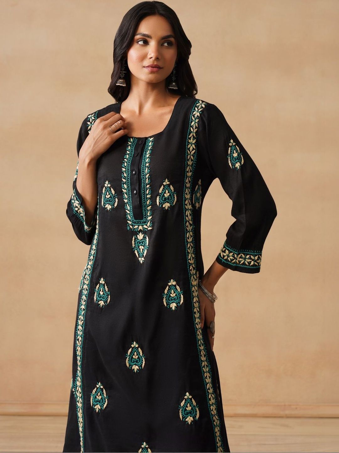 House of Chikankari Women Regular Chanderi Cotton Kurta with Trousers Set
