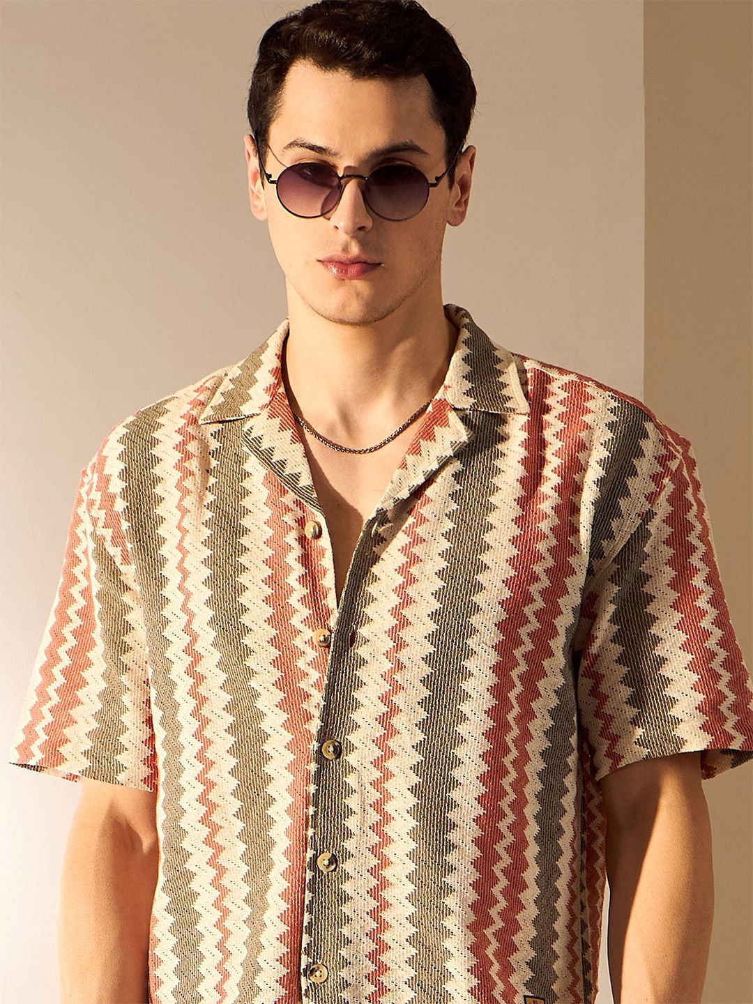 DENNISON Men Zigzag Pattern Drop-Shoulder Oversized Crochet Shirt