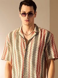 DENNISON Men Zigzag Pattern Drop-Shoulder Oversized Crochet Shirt
