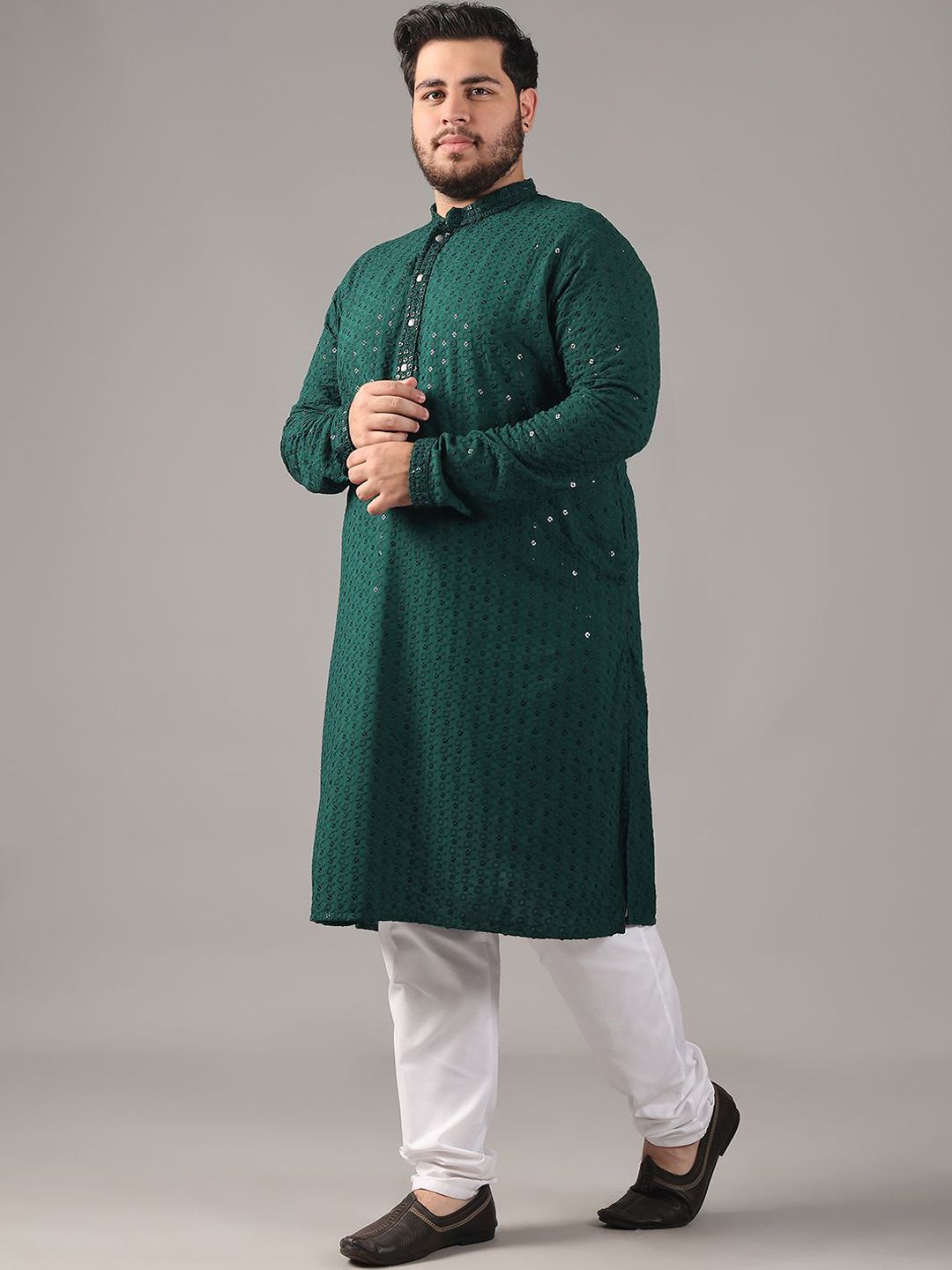 SOJANYA PLUS Plus Size Lelaki Motif Etnik Sulam Kurta Kapas Tulen Bersama Piyama